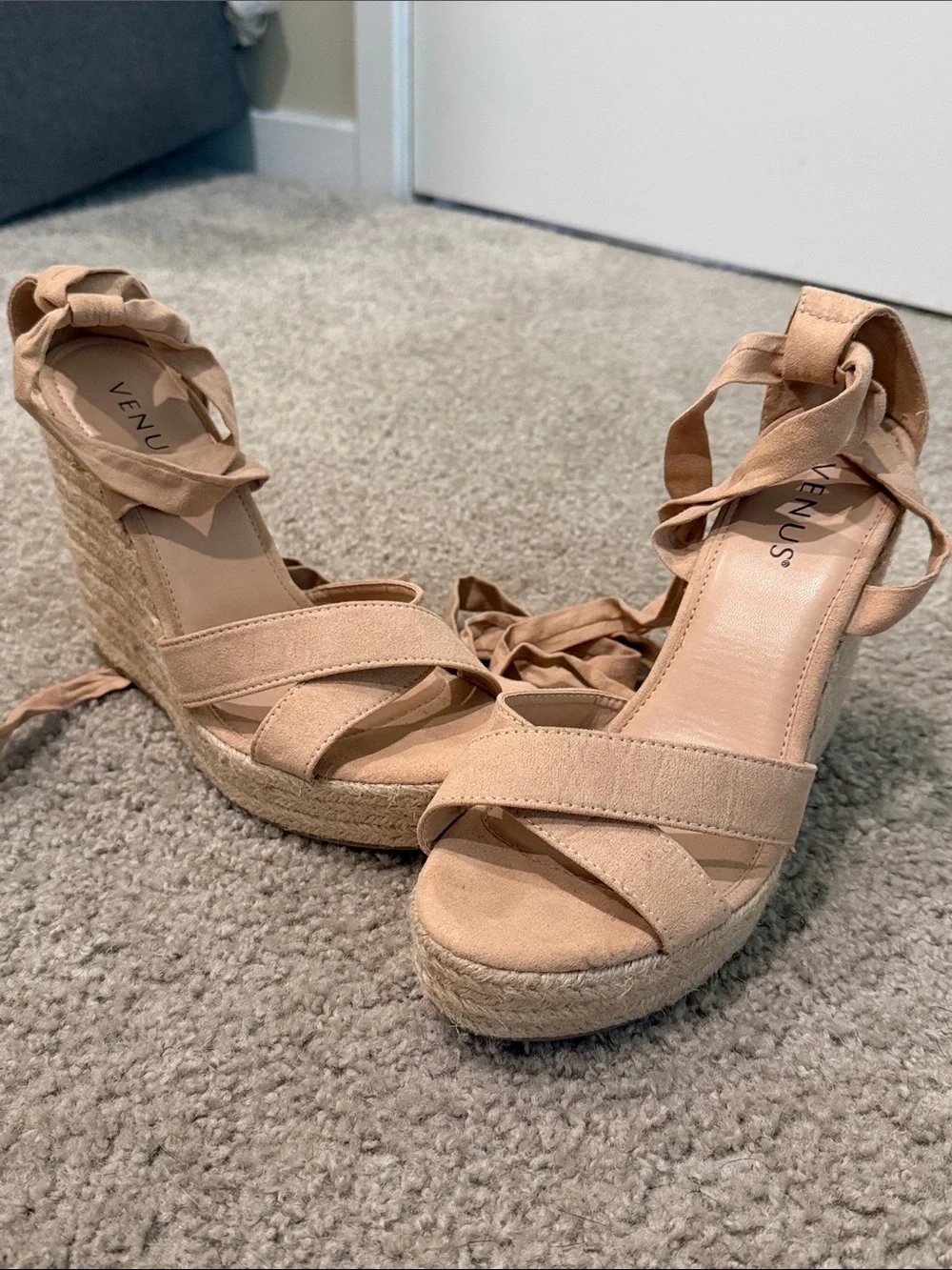 VENUS Nude/Tan Espadrille Lace-Up Wedge Sandals